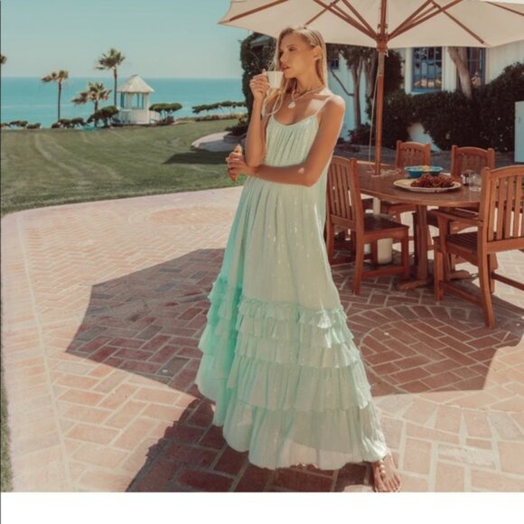 Sundress Lea Pool Backless Belted Metallic Thread Ruffle Midi Sun Dress - Picture 1 of 13